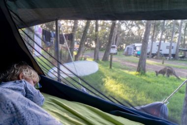 view from inside viking pop up camper boy looking through window