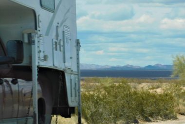 Arctic Artic Fox Camper view of plains behind camper
