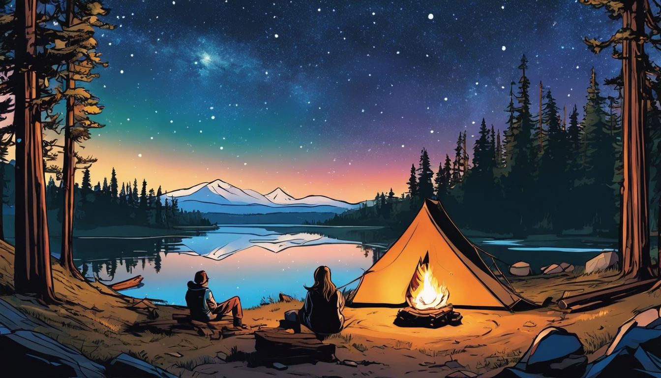 A serene camping site next to Lake Almanor with a cozy campfire and starry night sky. A serene camping site next to Lake Almanor with a cozy campfire and starry night sky.