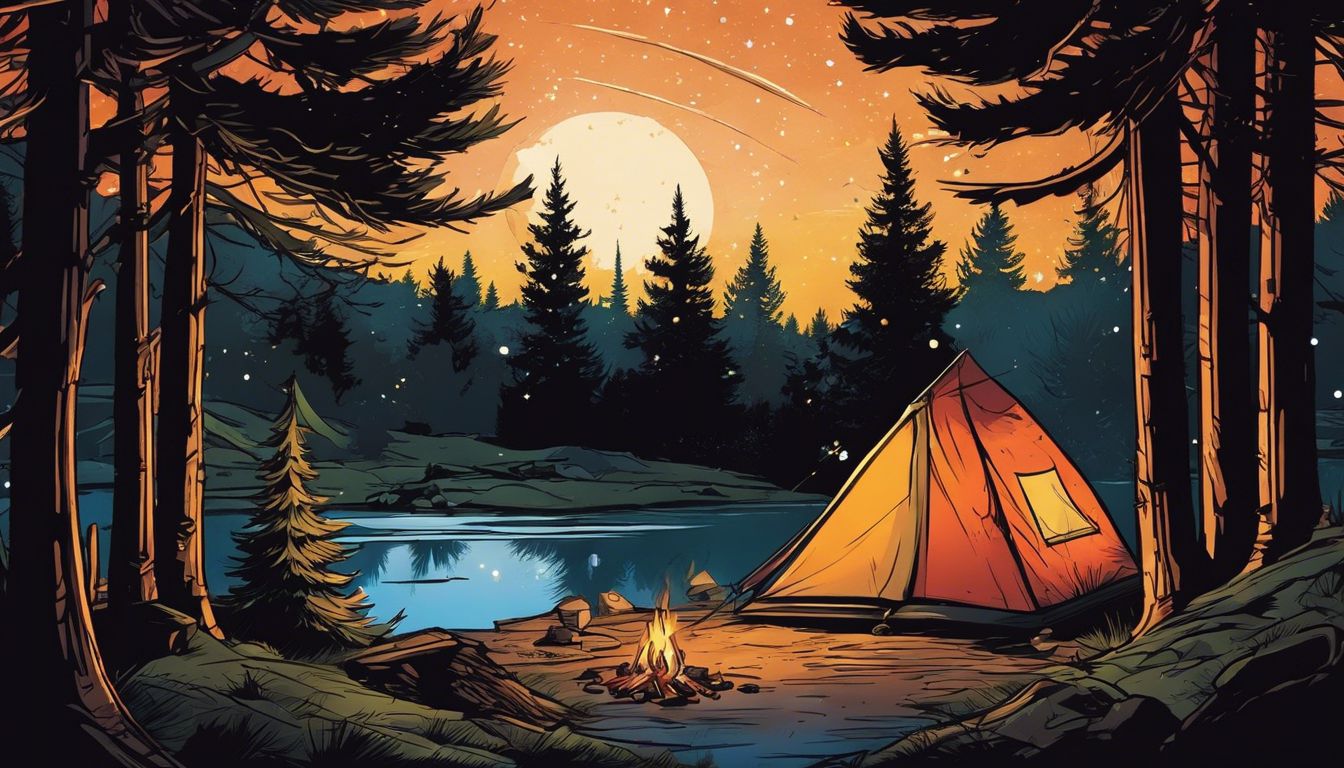 A serene camping scene with a tent, campfire, and starry sky nestled among pine trees. A serene camping scene with a tent, campfire, and starry sky nestled among pine trees.