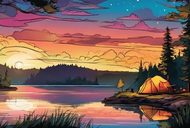 barefoot camper sunset over a lake drawing