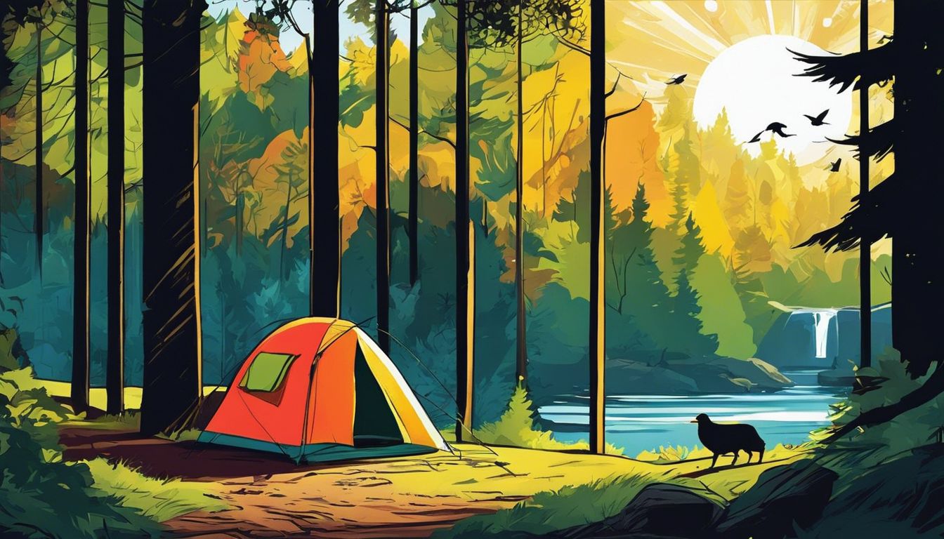 A colorful tent sits peacefully in a serene forest, showcasing the beauty and tranquility of nature. A colorful tent sits peacefully in a serene forest, showcasing the beauty and tranquility of nature.