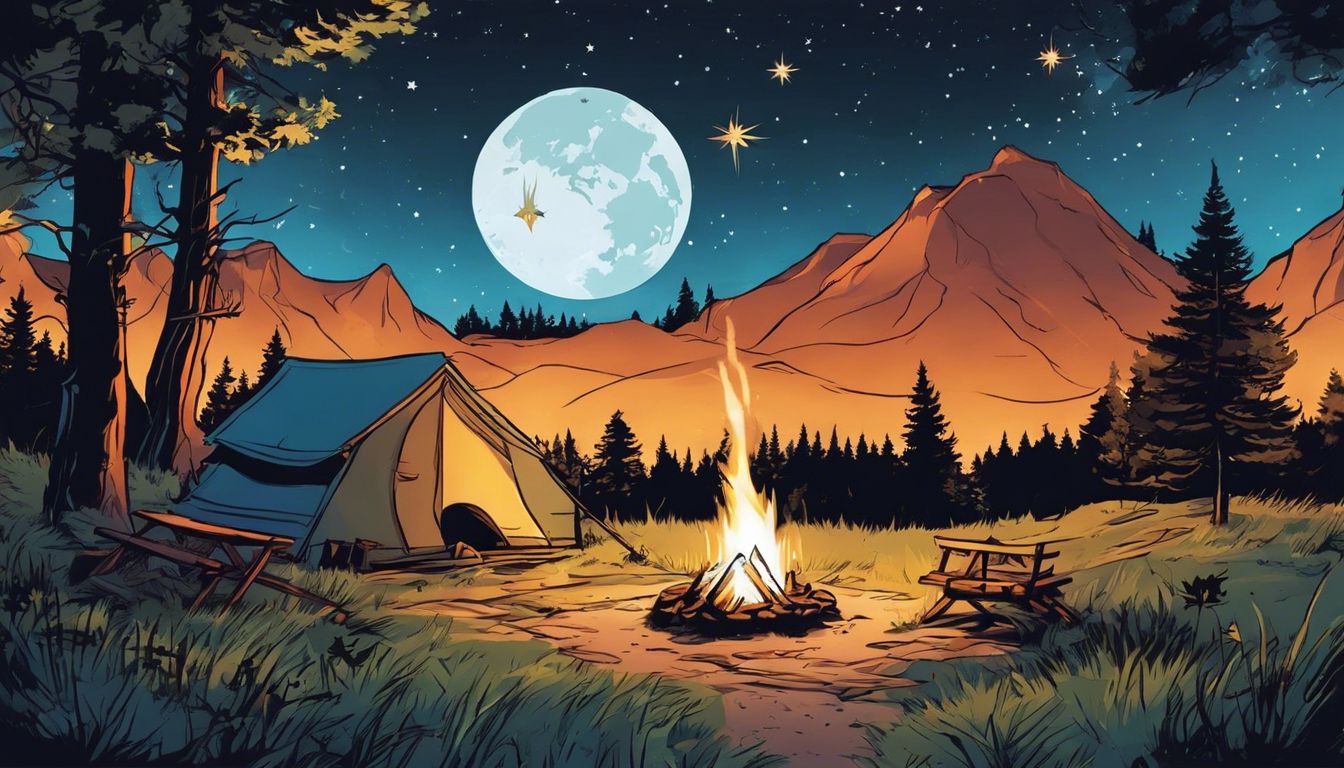 A tranquil campsite in the woods with a glowing campfire and surrounding wildlife. A tranquil campsite in the woods with a glowing campfire and surrounding wildlife.