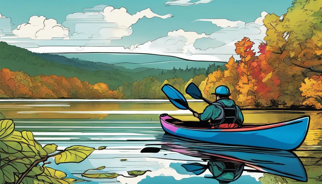 A peaceful kayak on Union Valley Reservoir surrounded by vibrant foliage, creating a tranquil nature scene. A peaceful kayak on Union Valley Reservoir surrounded by vibrant foliage, creating a tranquil nature scene.