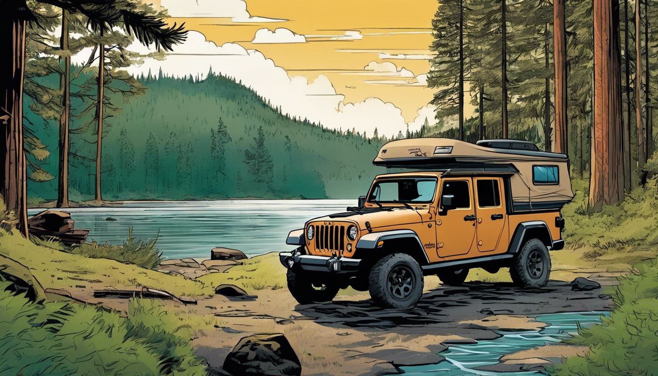 A Jeep Gladiator with camper shell parked in serene riverside campsite surrounded by tall pine trees.