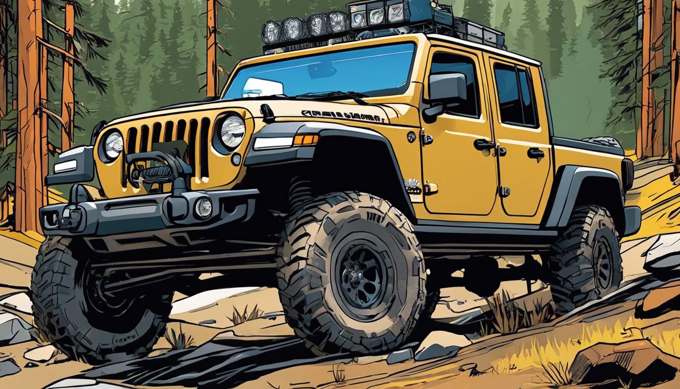 A Jeep Gladiator with camper shell in a rugged off-road environment, showcasing its durability and capability.